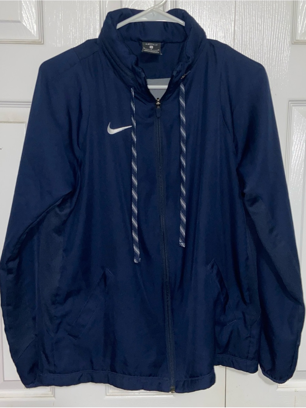 Nike Navy Blue Zip-Up Hooded Windbreaker with White Swoosh